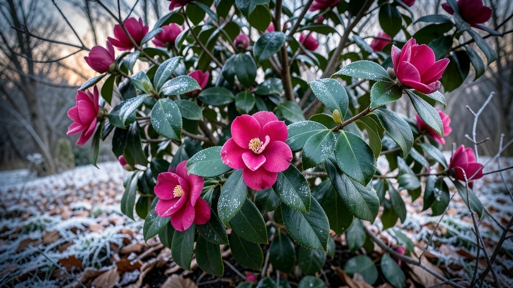 Camellia Japonica with Winter Blooms