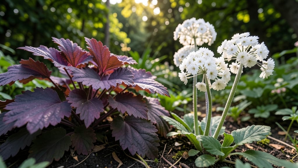 Heuchera 'Palace Purple' with 'Berry Smoothie' Foamflower