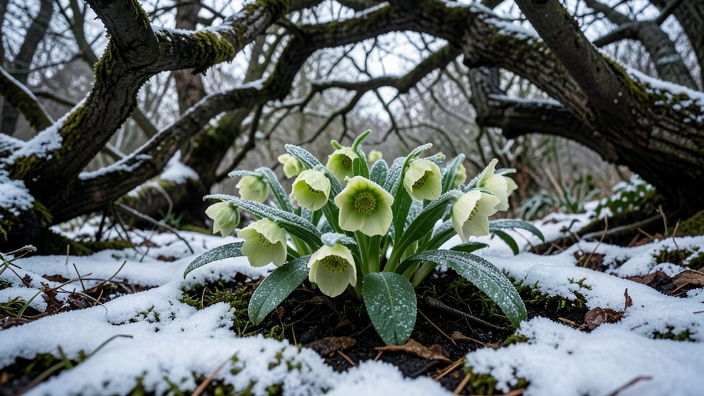 Hellebores Blooming Under Snow