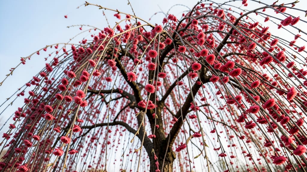 Weeping Cherry with Graceful Red Blooms