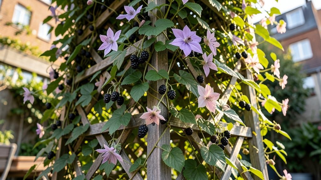 Vertical Berry Trellis with Clematis and Blackberries