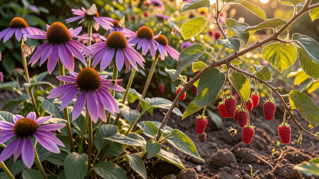 Sunny Perennial Pollinator Patch: Coneflowers and Raspberries