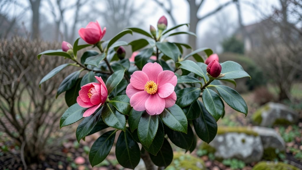Camellia Bush Bloom in Winter: Frost-Defying Purple Spikes That Return Yearly