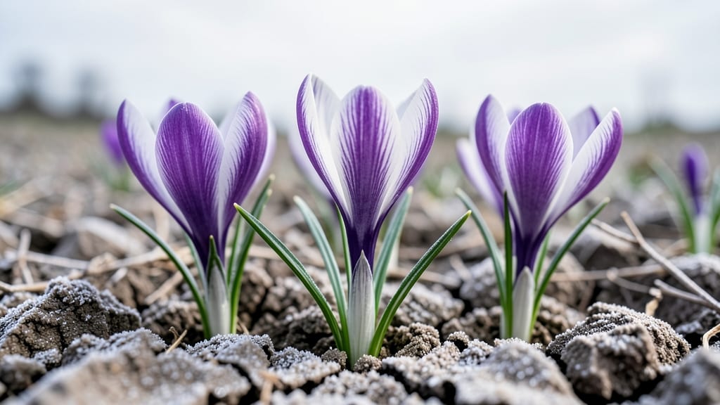 Crocuses Pushing Through Frosted Soil